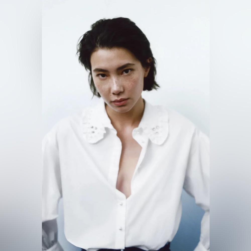 Zara White Blouse with Embellished Pearl Collar sz S NWOT